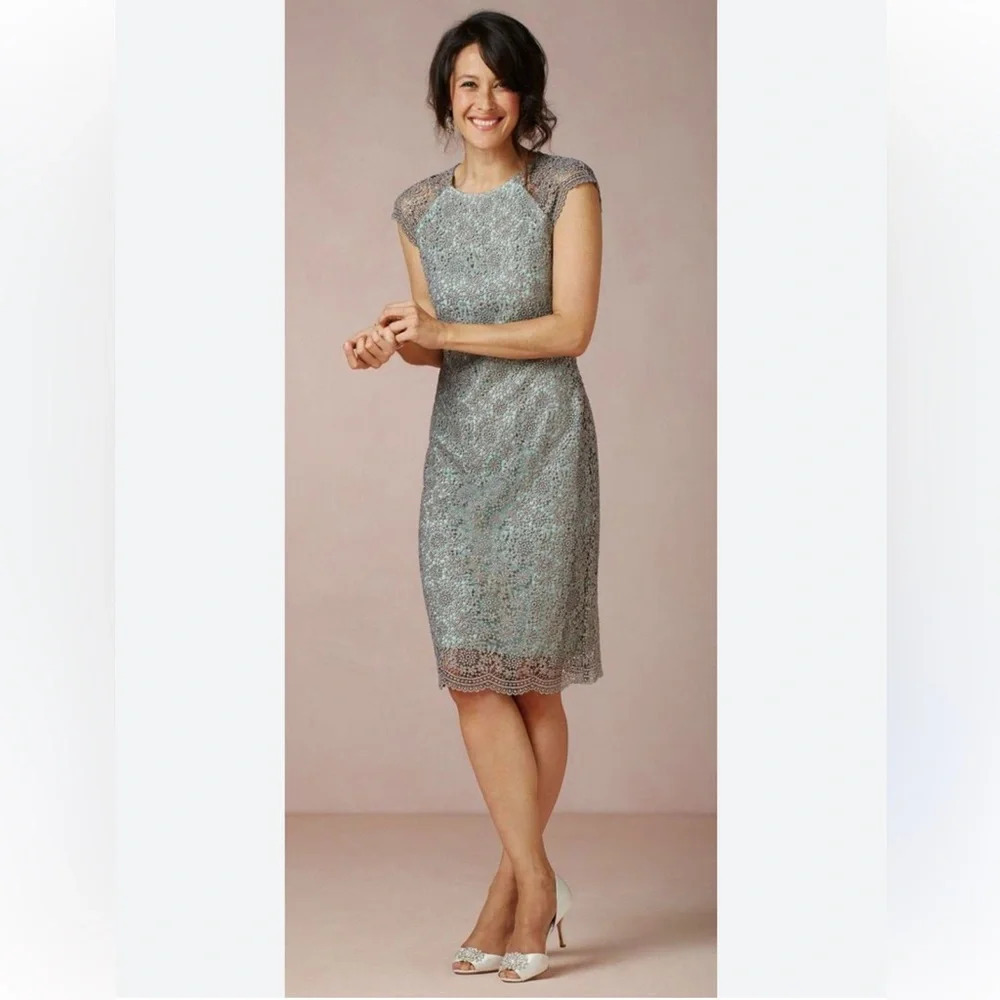 Cap-Sleeve Grey Lace Midi Dress